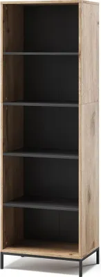 A tall, narrow bookshelf with a wood-grain exterior and black interior shelves, standing on thin metal legs.