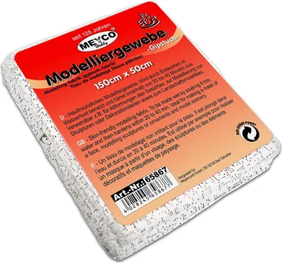 A stack of modelling fabric (gypsum fabric) on a white background, with a red and orange label on top.