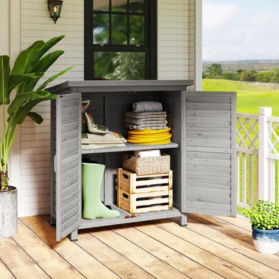 Produktbild von Sweiko Gartenschrank Holz Gerätehaus Geräteschuppen Geräteschrank Holzhütte Pultdach Bitumenpappe Lamellentüren Grau 87 x 46,5 x 96,5 cm