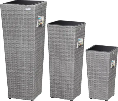 Produktbild von CASARIA® Blumentopf 3er Set Polyrattangeflecht Übertopf Wasserabfluss Rattanoptik Outdoor Pflanzkübel Blumenkasten Grau