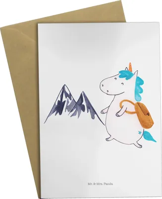 Produktbild von Mr. & Mrs. Panda Klappkarte Einhorn Bergsteiger - Weiß - Geschenk, Einhörner, hochzeitskarten, Urlaub, Grußkarte, weihnachtskarten, osterkarten, Unicorn, einladungskarten