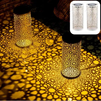 Produktbild von Marrakesch 2er Set Solarlaterne für außen mit Henkel aus Metall 30cm Groß | Orientalische Outdoor Solar LED Laterne Noum Weiss IP65 Wasserdicht als Gartendeko Deko