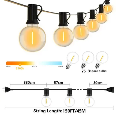 Immagine prodotto di Catena luminosa da esterno - Catena LED G40 - 45,7 metri - 75 lampadine LED - Luce bianco caldo 2700 K - Lampadine a forma di sfera - Spina EU a 220V