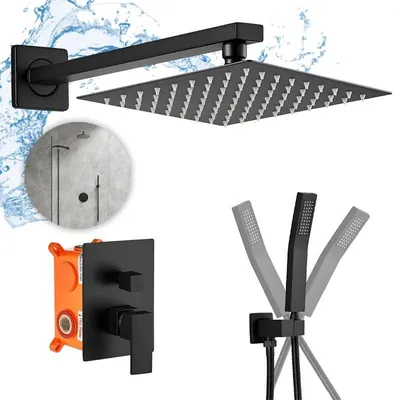 Produktbild von Unterputz-Duschsystem Mattschwarz, eckige Regendusche, Handbrause, Einbaubox