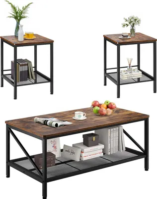 A set of three industrial-style coffee and end tables with wood-grain tops and black metal frames, displayed against a white background.