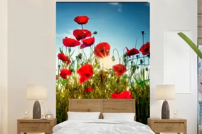 Produktbild von MuchoWow® Fototapete für Wohnzimmer oder Schlafzimmer Wandtapete Vinyl Motivtapete Mohnblumen - Toskana - Sonne - Rot - Blau - 225x350 cm - Schlafzimmer tapete