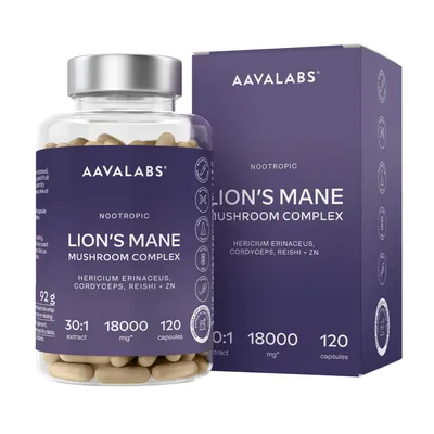 Produktbild von Aavalabs Lion's Mane Extrakt 30:1 | Reishi & Cordyceps | Gehirn | 120 Kapseln