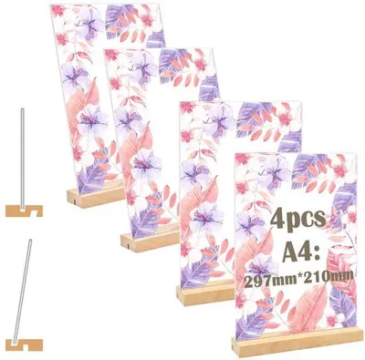Productafbeelding van 4 Stuks A4 Tafelstandaard van Acryl met Houten Basis