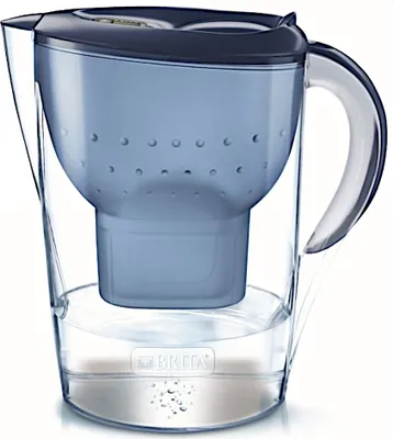 A Brita water filter pitcher filled with water.
