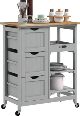 Produktbild von Küchenwagen - Servierwagen - 3 Schubladen - Abnehmbares Tablett - 67 x 37 x 85,5 cm - Holzgestell - Grau