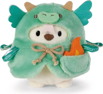 A plush toy of a white bear wearing a green dragon costume and holding a flame.