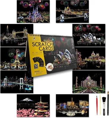 Productafbeelding van Kraskunst-schilderpapierset voor volwassenen en kinderen, bezienswaardigheid, stadserie, nachtscène, krasplank, creatief cadeau