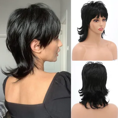 Produktbild von Kurze Schwarze Perücke 80er Jahre Mullet Perücke Pixie Cut Perücke Mit Pony Lockige Synthetische Natürliche Gefälschte Haar Ersatz Perücken für Frauen Tägliche Party Cosplay (Schwarz)