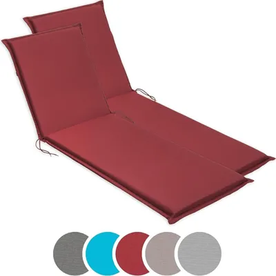 Two red chaise lounge cushions are shown on a white background. Below the cushions are circular swatches of different color options.