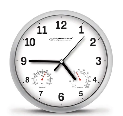 A round, white wall clock with a silver frame, displaying the time and two integrated gauges for temperature and humidity.