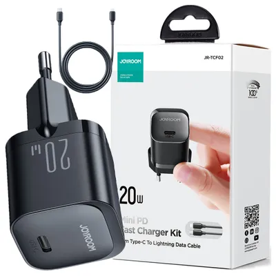 Produktbild von Joyroom USB-C 20W PD Mini-Ladegert mit Ladekabel USB-C zu Lightning, schwarz (JR-TCF02)