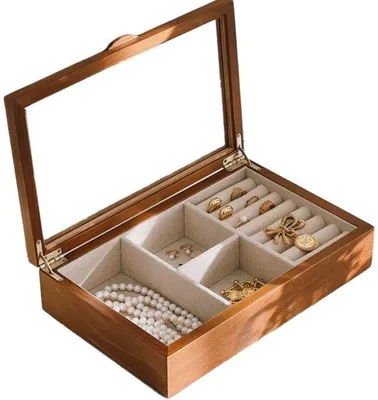 Produktbild von Sicherheitskasten, Schmuckkasten für Armbänder und Ketten, Schmuckorganizer und Schmuckkiste mit durchsichtigem Glasdeckel, Nussbaumholzfarbe, geeignet für die Ausstellung von Ketten, 30*19*7,5cm