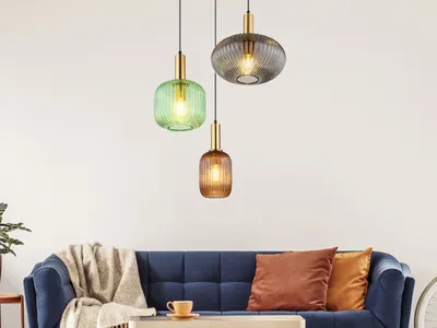 Produktbild von Bunte LED Glas Küchenlampe hängend für über Eßtisch, Esstischlampen dreiflammig