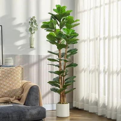 Produktbild von Kunstpflanze groß mit Topf, Künstlicher Geigenfeigenbaum, Kunstbaum Ficus Lyrata, Grün | Massivholzstamm | 91 Blätter | 180 cm