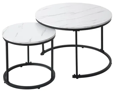 Produktbild von Runde Couchtische im 2er-Set - Satztische - MDF und Metall - Mit Stauraum - Moderner minimalistischer Stil - 50 x 70,5 cm + 45,5 x 44 cm - Weiß und Schwarz
