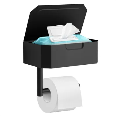 Immagine prodotto di Avalo Portarotolo WC con Vaschetta e Mensola - Nero - Autoadesivo / Con Foratura / Senza Foratura - Portarotolo per Carta Igienica - Porta Carta Igienica