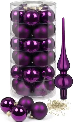 A set of purple Christmas ornaments and a tree topper are displayed on a white background.