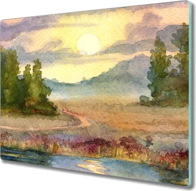 Produktbild von Coloray Herdabdeckplatte 60x52 cm Schneidebrett Kochplattenabdeckung Küchenbrett Hackbrett - Aquarell Baum Sonnenuntergang
