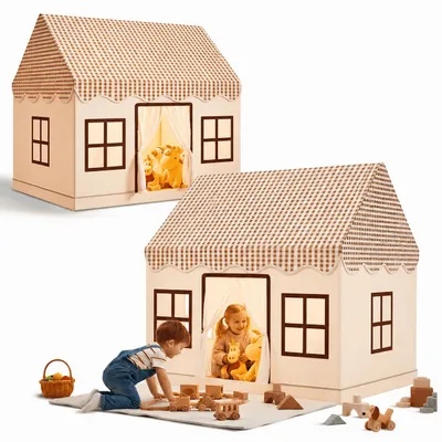 Produktbild von Kinder Spielhaus Braun 130 x 125 x 95 cm Spielzelt mit Vorhängen und Fenstern