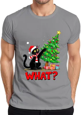 Produktbild von WHAT? schwarze Katze Weihnachten lustig Weihnachtsbaum Geschenke Herren T-Shirt, Grau, M
