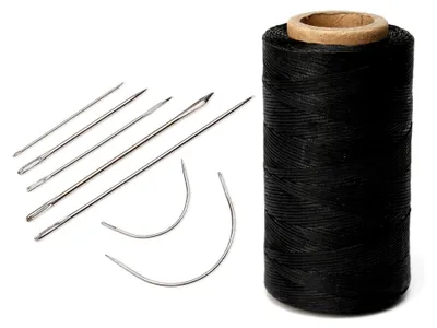 Produktbild von Gewachster Nähfaden 260 Meter für Lederarbeiten mit 7 Ledernadeln, Polyester (Schwarz)