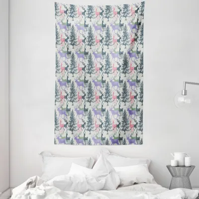 Produktbild von ABAKUHAUS Hirsch Wandteppich und Tagesdecke, Kiefer Wintersaison aus Weiches Mikrofaser Stoff Waschbar ohne Verblassen Digitaldruck, 140 x 230 cm, Mehrfarbig