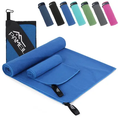 Produktbild von Fitness Handtuch 2er Set Blau 160x80cm & 80x40cm Mikrofaser Schnelltrocknend