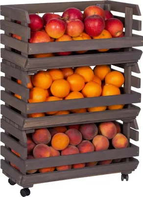 Obrázek produktu pro STOLMAK Dřevěný Regál na Brambory, Ovoce a Zeleninu na Kolečkách 57 x 79 x 30 cm, 3 Patra, Úložné Bedýnky, Šedý