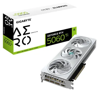 Zdjęcie produktu dla GIGABYTE GeForce RTX 5060 Ti AERO OC 8G, GeForce RTX 5060 Ti, 8 GB, GDDR7, 128 bit, 7680 x 4320 px, PCI Express x8 5.0