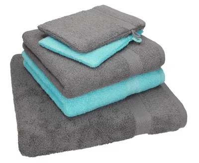 Produktbild von Betz 5 tlg. Handtuch Set SINGLE Pack Farbe anthrazit grau - türkis  1 Duschtuch 2 Handtücher 2 Waschhandschuhe - 250803