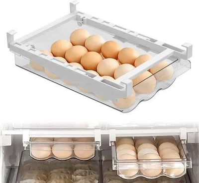 Zdjęcie produktu dla Półka do lodówki Unyqoos® z prowadnicami i uchwytem – oszczędna półka na jajka, mieszcząca do 18 jaj, regulowana, wykonana z PET i ABS, wymiary 30–44 cm, zestaw 2 sztuk