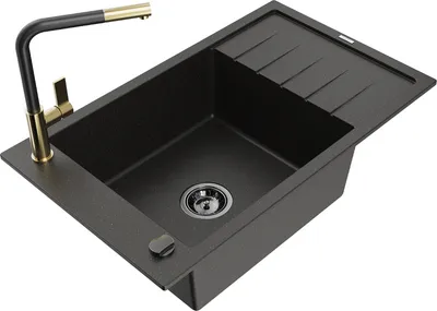 Produktbild von Mexen Elias 1 Becken-Granitspüle mit Abtropffläche und Mischbatterie Flora, Schwarz/Gold metallisch - 6511-75-670401-57-B