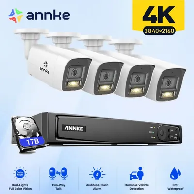 Produktbild von Sicherheitskamerasystem 4K POE mit 4 Bullet-Kameras, einem 8-Kanal-Netzwerkvideoaufzeichner (NVR) und Nachtsichtfunktion
