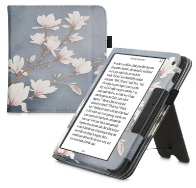 Produktbild von kwmobile Flip Cover kompatibel mit Tolino Vision 6 - Hülle mit Handschlaufe Magnolien Taupe Weiß Blaugrau