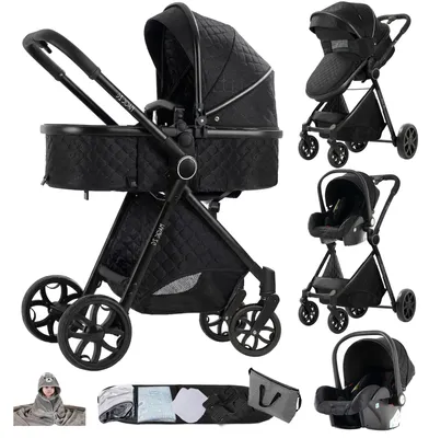 Produktbild von Kombikinderwagen - 3-in-1 Travel-System - Babywanne - Autokindersitz - Wendeaufsatz - Faltbar - Geländereifen - Schwarz