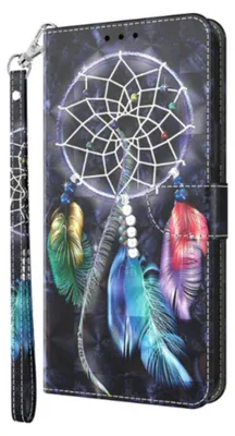 A close-up of a phone case with a dreamcatcher and feathers design.