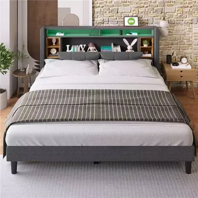 Produktbild von Sweiko Polsterbett Stauraumkopfteil mit LED-Beleuchtung und USB-Ladestation Massivholz-Lattenrost 140x200 cm Leinen grau (ohne Matratze)