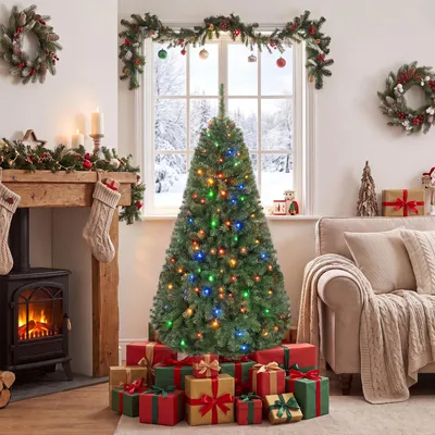 Immagine prodotto di Albero di Natale artificiale COSTWAY, altezza 150 cm, con 600 punte in PVC, luci a LED (150), 2 colori di luce, 11 modalità di illuminazione e base in metallo. Albero di Natale verde