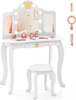 Produktbild von DREAMADE Frisiertisch mit 3-fach klappbarem & beleuchtetem Spiegel & Hocker, Schminktisch mit abnehmbarer Platte & großer Schublade, von 3–7 Jahren(Weiß)