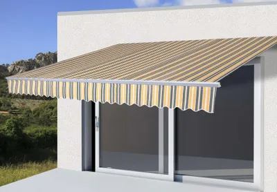 Zdjęcie produktu dla Markiza aluminiowa HWC-E49, markiza ze składanym ramieniem przeciwsłonecznym 2.5x2m ~ Poliester szaro-żółty w paski