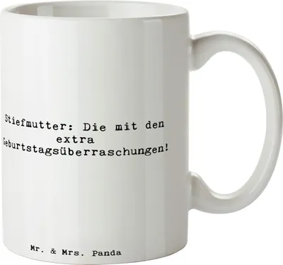 Produktbild von Mr. & Mrs. Panda Kaffeetasse Spruch Stiefmutter Überraschungen - Weiß - Geschenk, handgemacht, Feiern, Kreativität, kaffeebecher bedruckt, Weisheit, Tasse, Familie, Pott