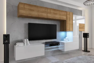 Produktbild von Furnitech Wohnwand Wohnzimmer - Wohnzimmer Möbel mit LED Blau - Hängend Wohnwand Modern - Regale und TV Schrank (AN92NEW-21DZW-HGM25)