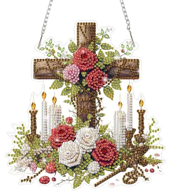Produktbild von 5D Diamond Painting Fensterbild Oster Kreuz Anhänger mit Kette DIY Kristall Kerze Wanddekor