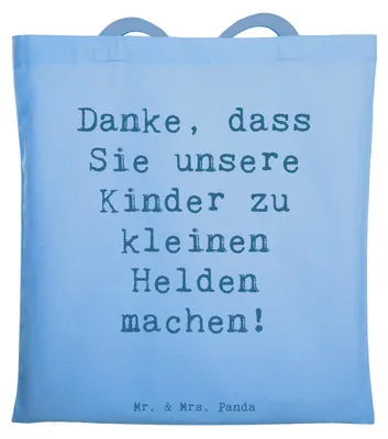 Produktbild von Mr. & Mrs. Panda Jutebeutel Spruch Erzieher Heldenmacher - Sky Blue - Geschenk, Bedanken, Danke sagen, Tasche, Geduld, Laptoptasche, Dankeschön, Wertschätzung, Tote Bag