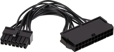 A black computer power supply adapter cable with two connectors.
